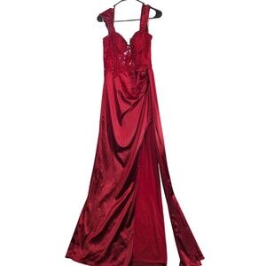 Jules and Cleo Off Shoulder Satin Sheath Dress Size 6 Red Corset Slit Gown